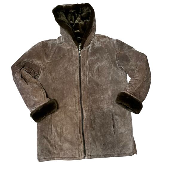Y2K St. John's Bay heavy Suede Brown Women's coat with fur lining Size Large - Picture 1 of 11